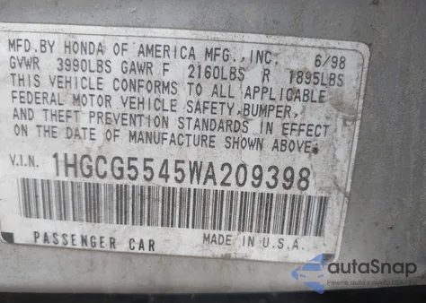 1998 Honda Accord Lx from USA, damaged, VIN 1HGCG5545WA209398